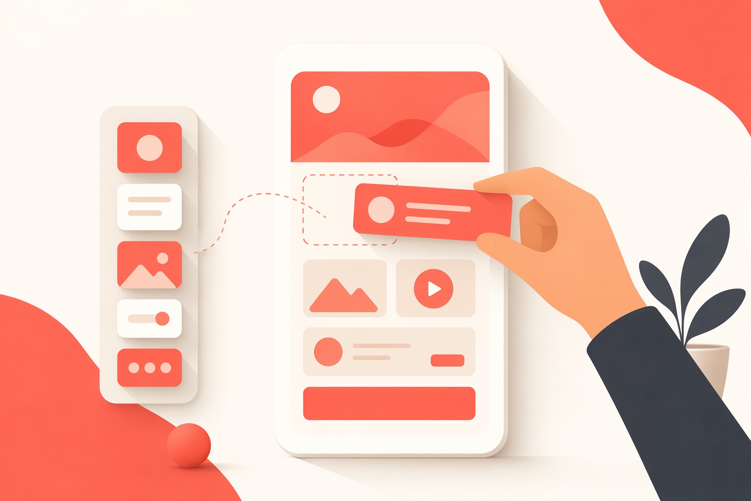 Drag-and-drop blocks assembling into an app screen