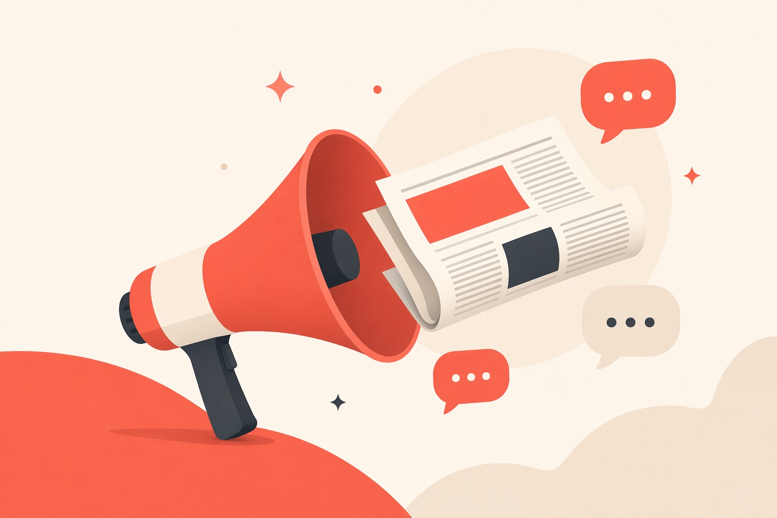 A megaphone emitting a newspaper and speech bubbles